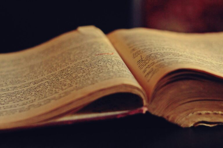 A vintage open book displaying aged, yellowed pages with faded text.